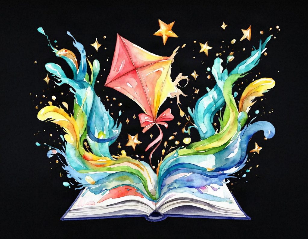 Aufgeschlagenes Buch, aus dem ein bunter Drachen, Sterne und Farbwirbel aufsteigen – Kinder- und Jugendbildung bei ThE BilCon
