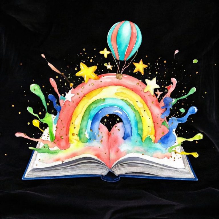 Aufgeschlagenes Märchenbuch, aus dem ein Regenbogen und ein Heißluftballon aufsteigen – Kinder- und Jugendbildung